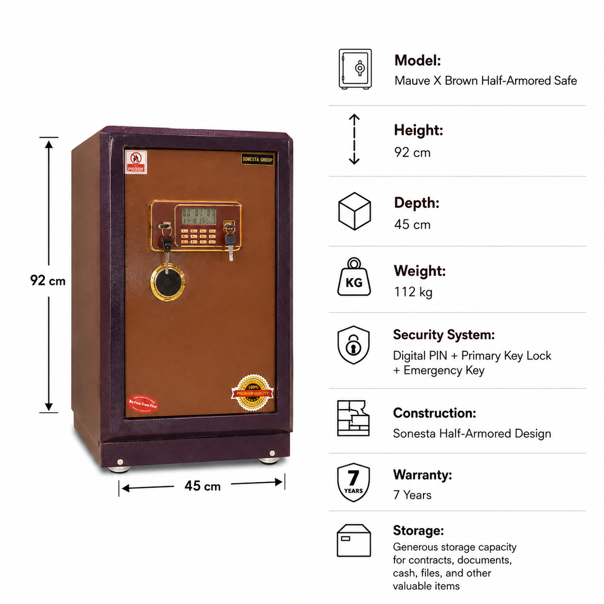 Half-Armored Safe Mauve X Brown 92 cm | 112 kg | 7-Year Warranty
