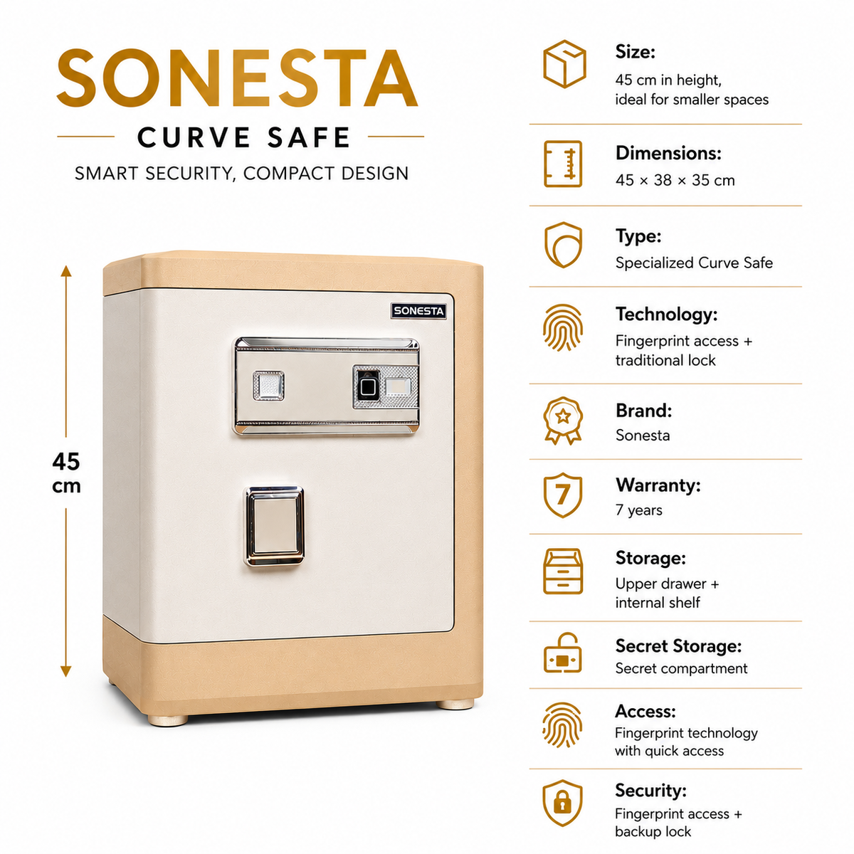 Sonesta Curve 45 cm Safe with Fingerprint | 7-Year Warranty
