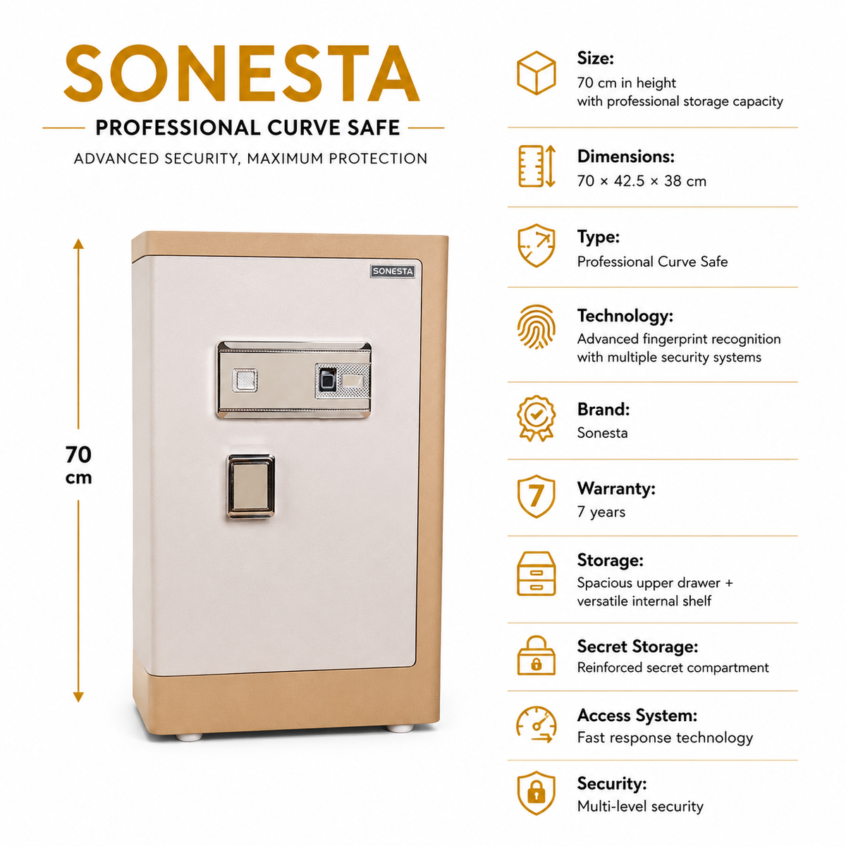 Sonesta Curve 70 cm Safe with Fingerprint | 7-Year Warranty