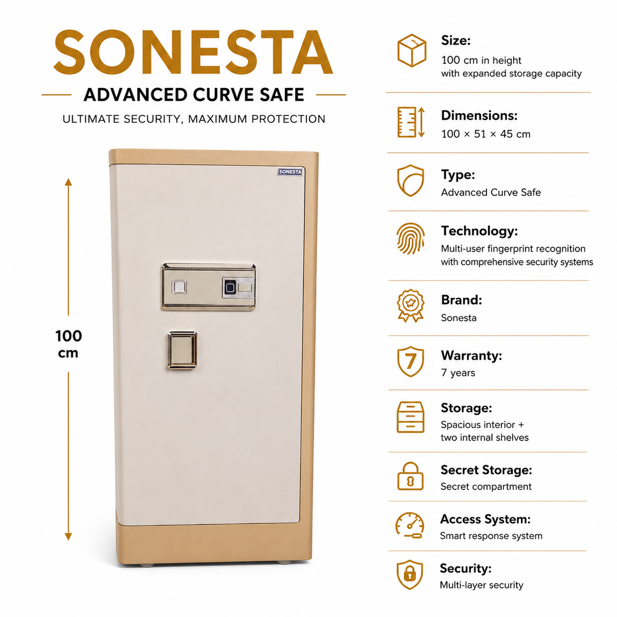Sonesta Curve 100 cm Safe with Fingerprint | 7-Year Warranty