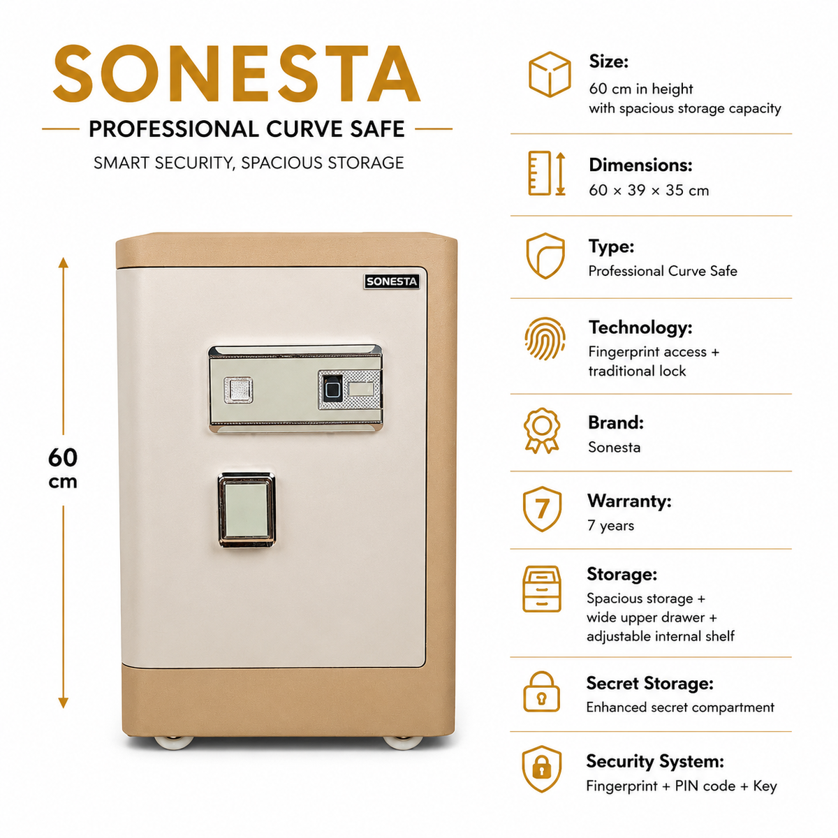 Sonesta Curve 60 cm Safe with Fingerprint | 7-Year Warranty