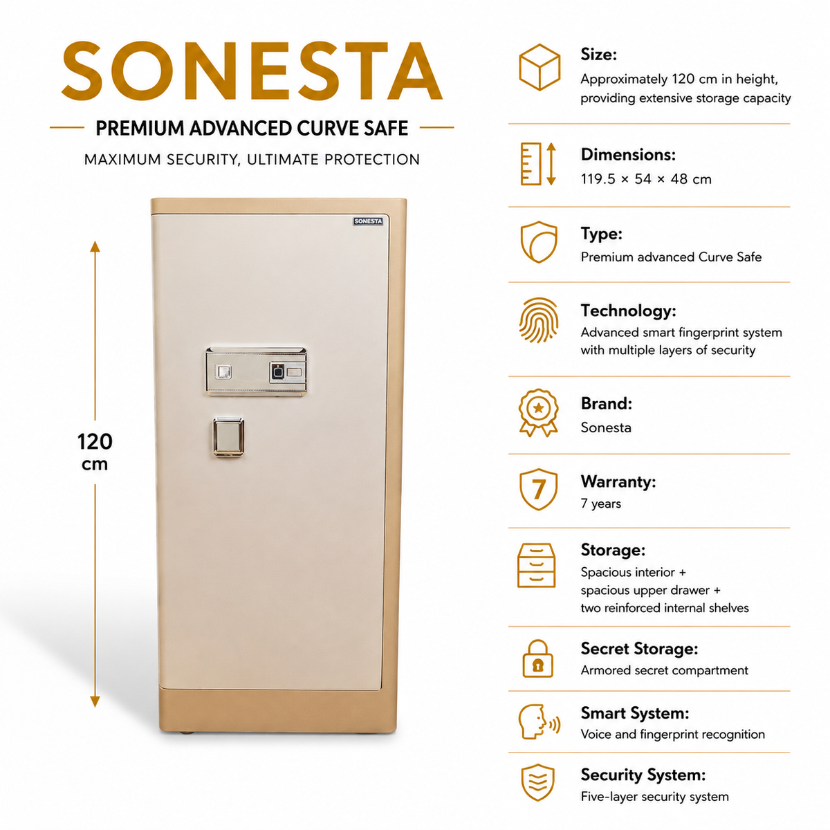 Sonesta Curve 120 cm Safe with Fingerprint | 7-Year Warranty