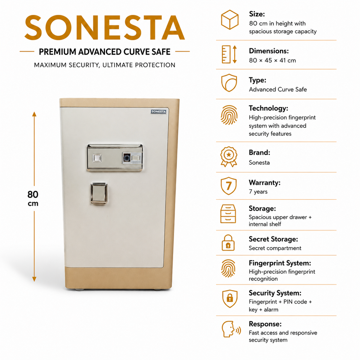 Sonesta Curve 80 cm Safe | Fingerprint Lock & 7-Year Warranty