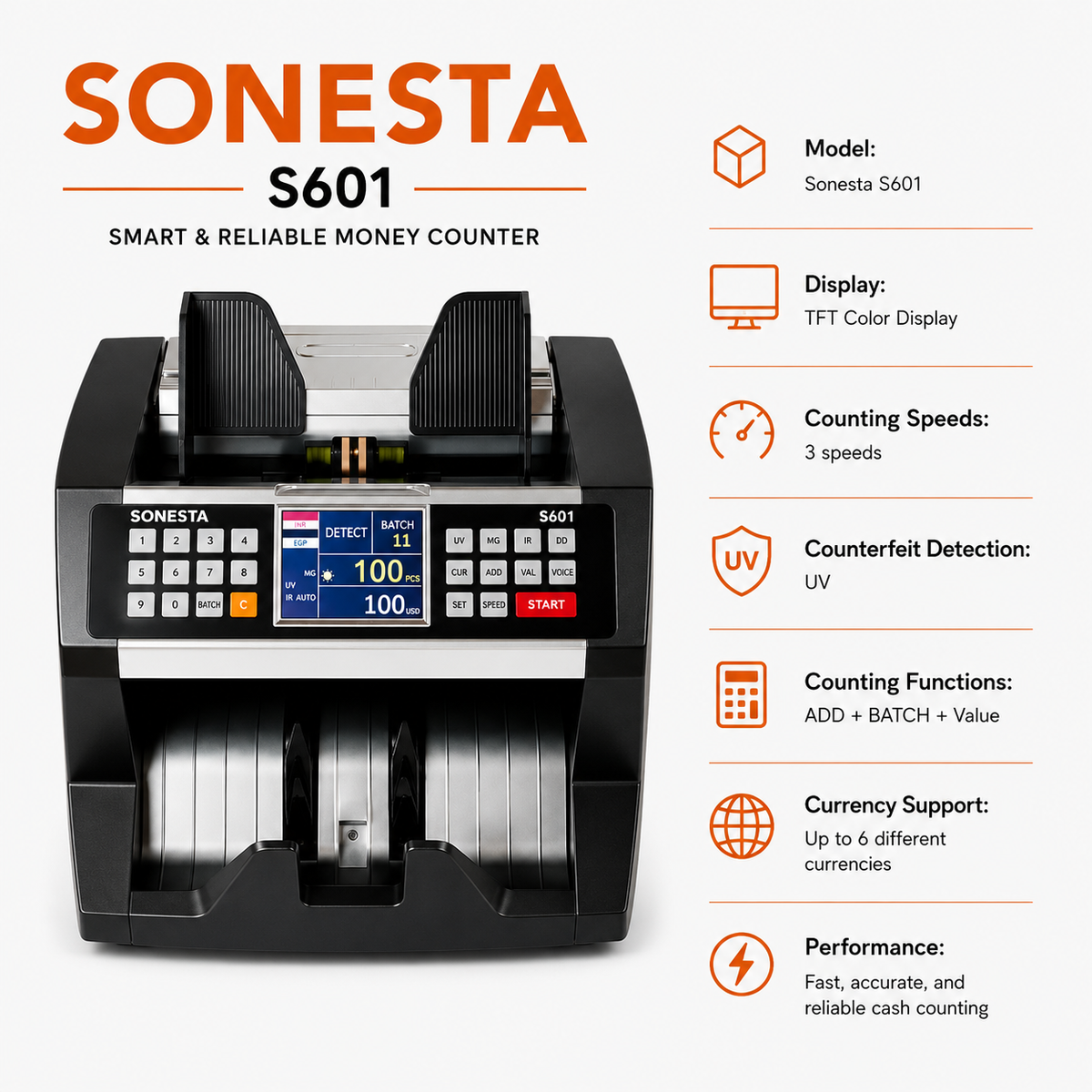 Sonesta S601 Money Counting Machine | Counterfeit Detection