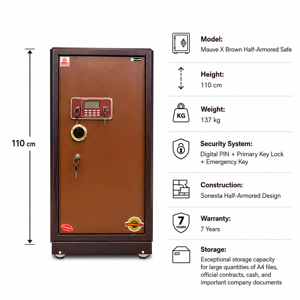 Half-Armored Safe Mauve X Brown 110 cm | 137 kg | 7-Year Warranty