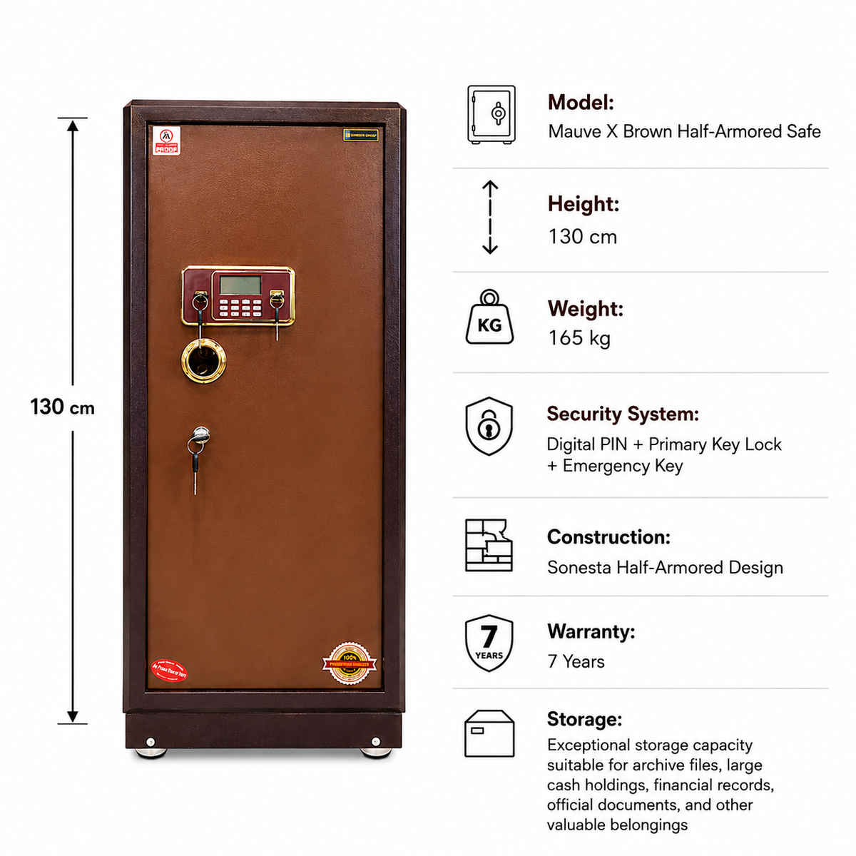 Half-Armored Safe Mauve X Brown 130 cm | 165 kg | 7-Year Warranty